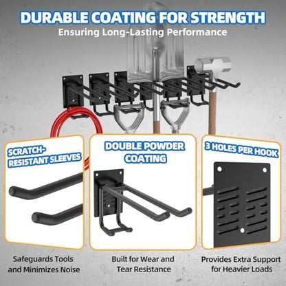 6 Pack Garage Hooks 10 INCH Heavy Duty Two-Tier Steel Shed Wall Mount Workshop Garage Storage Tool Organizer Hooks for Hanging Garden Tool, Hose, Ladder, Chairs, Bikes with Anti-Slip Coating