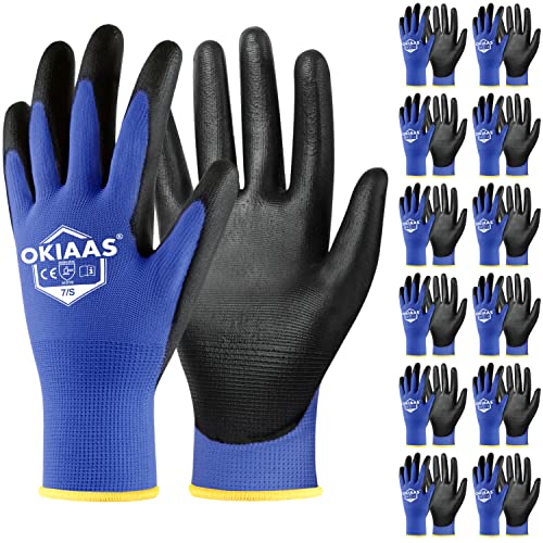 OKIAAS Work Gloves for Men，Ultra Thin and Lightweight Working Gloves with Grip, 12 Pairs Bulk Pack with Polyurethane Coating, for Light Duty Work (Blue, Small) - color: Blue (12 Pairs), size: Small