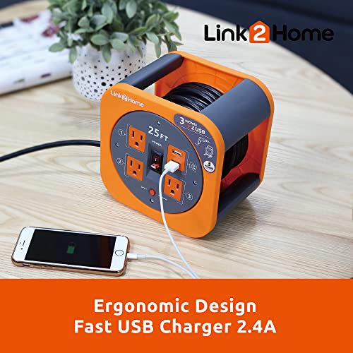 Link2Home Cord Reel 25 ft. Extension Cord 4 Power Outlets, 2 USB Ports, 2.4A Fast Charge – 16 AWG SJT Cable.