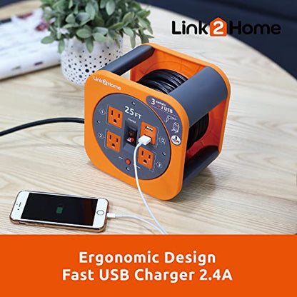 Link2Home Cord Reel 25 ft. Extension Cord 4 Power Outlets, 2 USB Ports, 2.4A Fast Charge – 16 AWG SJT Cable.