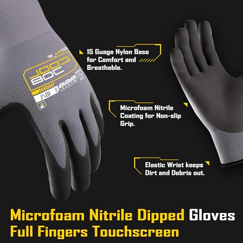 COOLJOB 12 Pairs Safety Work Gloves Microfoam Nitrile Rubber Coated, Seamless Knit Nylon Gloves with Full Fingers Touchscreen, Grip Nitrile Dipped, Ideal for Warehouse, Home Improvement, Grey Medium - size: Medium, style: 12 Pairs