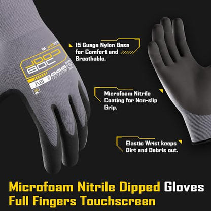 COOLJOB 3/12/36 Pairs Safety Work Gloves Microfoam Nitrile Rubber Coated, Seamless Knit Nylon with Full Fingers Touchscreen, Grip Nitrile Dipped, Ideal for Warehouse, Home Improvement, Grey Xlarge - size: X-Large, style: 3 Pairs