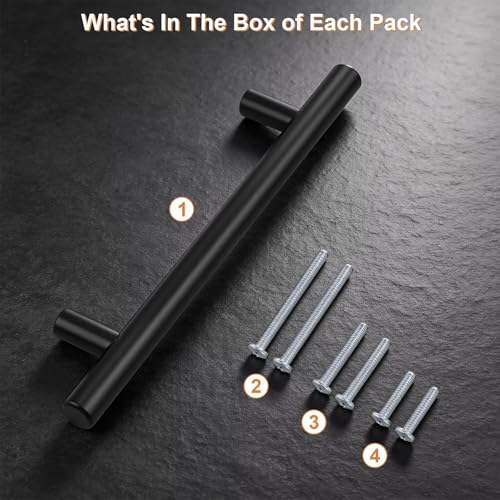 Probrico 5 Pack Holes Centers(128mm) 5Inch Flat Black Cabinet Pulls, Stainless Steel Dresser Drawer Handles, Euro T Bar 7.5inch Length Pull Handle for Kitchen Cabinets - size: Center to Center: 5 inch