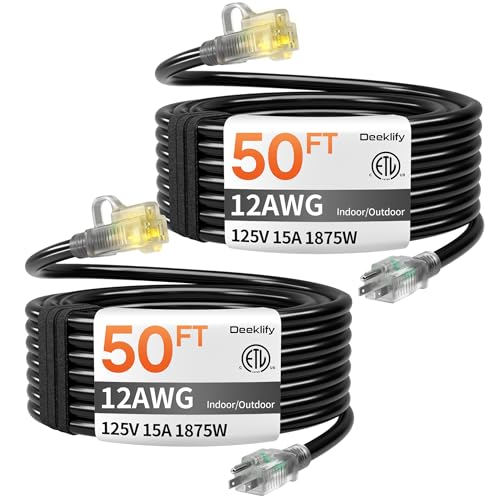 2 Pack 12 Gauge 50 FT Heavy Duty Outdoor Extension Cord Waterproof with Lighted End,Black 12 Gauge Extension Cord Flexible and Cold Resistant 3 Prong Grounded Plug,15Amp 1875W SJTW ETL Listed - size: 50ft-2pcs