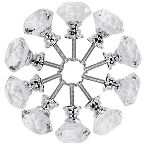 Akstore 10 Pcs Crystal Glass Cabinet Knobs 30mm Diamond Shape Drawer Kitchen Cabinets Dresser Cupboard Wardrobe Pulls Handles (Clear) - color: Clear-Silver