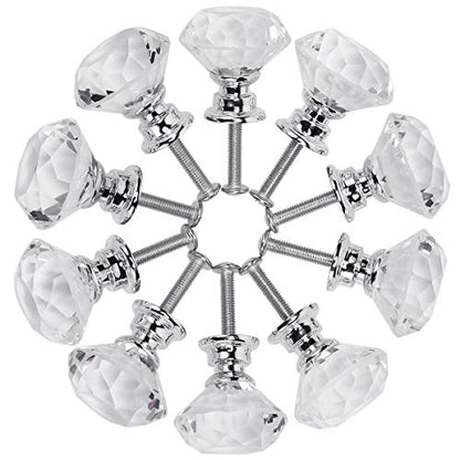 Akstore 10 Pcs Crystal Glass Cabinet Knobs 30mm Diamond Shape Drawer Kitchen Cabinets Dresser Cupboard Wardrobe Pulls Handles (Clear) - color: Clear-Silver
