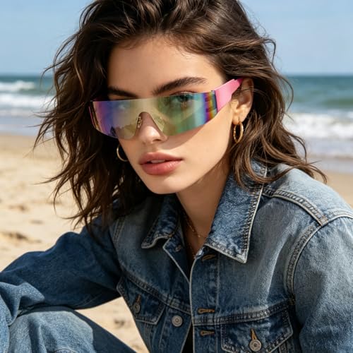 2 Pcs Futuristic Wrap Around Sunglasses Y2K Fashion Trendy Rimless Glasses Punk Eyewear for Women Men - color: Silver+pink
