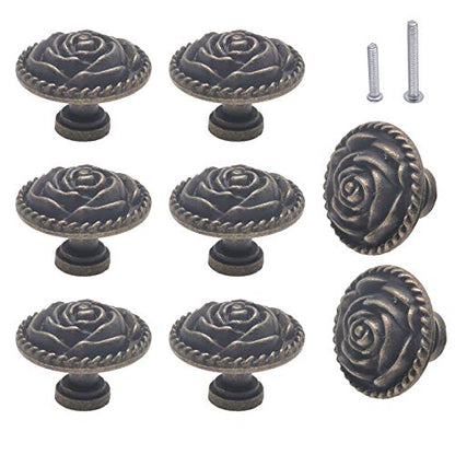 Vintage Rose Dresser Knobs, Antique Bronze Cabinet Knobs and Pulls 8 Pack - style: Vintage Rose