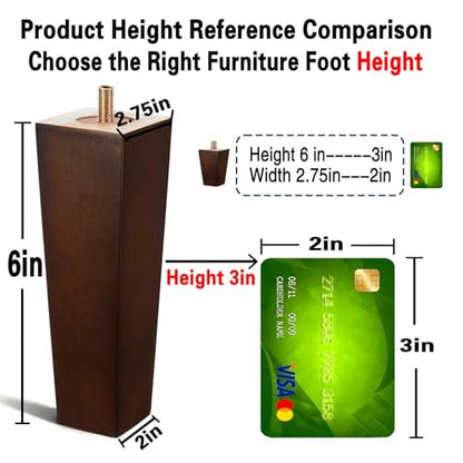 SHANJUE Wood Furniture Legs - 6 inch Sofa Legs Pack of 4 Square Brown Couch Legs, Mid Century Chair Feet, Sofa Replacement Parts, for Dresser, Sideboard, Recliner, Coffee Table - size: 6 inches