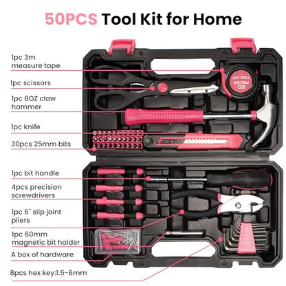 50-Piece Pink Tool Set for Women, Household Small Tool Set with Storage Toolbox for Home Repairs, Hand Tool Kit for College, Dorm, Office