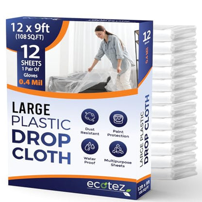 12 Pack 12 x 9 ft Extra Large Plastic Drop Cloth for Painting - Light & Durable Tarp Cover for Furniture - Plastic Clear Tarp Waterproof - Paint Floor Covering - Painters Drop Cloth Sheeting - size: 12 Pack