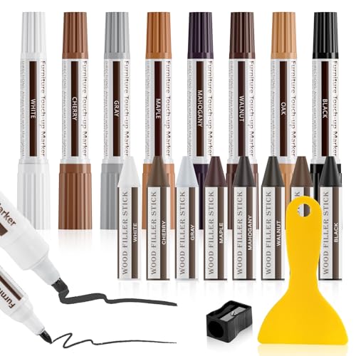 DEWEL Dual-Tipped Furniture Markers Touch Up, Upgrade 17 Pcs Wood Furniture Repair Kit, Wood Touch Up Markers and Wax Sticks with Repair Tools, Easily Repair Wood Floor Scratches, Wood Stain and Dents - size: 8 Color Wood Marker+Wax Stick