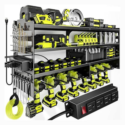 Large Power Tool Organizer Wall Mount, 6-Shelf Heavy Duty Metal Tool Storage Rack with Drill Holder Slots, Side Screwdriver Racks and Hook Bar, Wall Mounted Tool Organizer for Garage Workshop