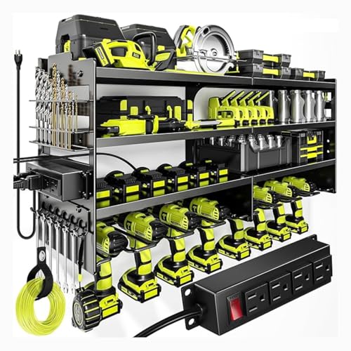Large Power Tool Organizer Wall Mount, 6-Shelf Heavy Duty Metal Tool Storage Rack with Drill Holder Slots, Side Screwdriver Racks and Hook Bar, Wall Mounted Tool Organizer for Garage Workshop