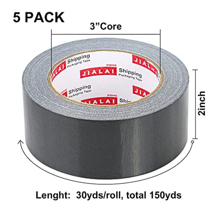 JIALAI HOME Black Heavy Duty Duct Tape, 2 inches x 30 Yards - 5 Pack, 8.27 mil Thickness, Strong, Flexible, No Residue, All-Weather and Tear by Hand - Bulk Value for Repairs - color: Black