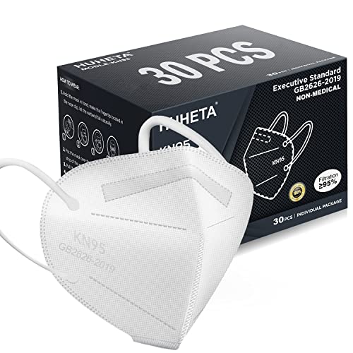 HUHETA KN95 Face Masks, 30 Packs Individually Wrapped, 5-Ply Breathable & Comfortable Safety Mask, Filter Efficiency=95%, Protective Cup Dust Masks Against PM2.5 (White Mask) - color: White