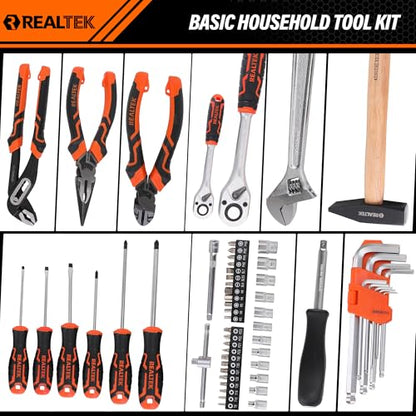 REALTEK 100 Piece Mechanic Tool Set, Car Tool Kit, Cr-V Socket Wrench Auto Repair Kit Includes Socket Accessories, Pliers, Heavy Hammer, Screw Drivers, General Households Tools with Larger Case