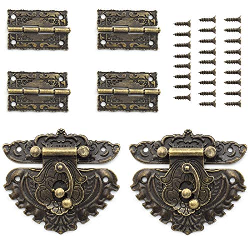 SDTC Tech Retro Jewelry Box Hinge and Engraved Vintage Bronze Hasp Latch with Matching Screws Kit for Decorative Cabinet Small Antique Wooden Box Hand Crafts Project (2X Hasp Catch + 4X Hinges) - color: B2E4