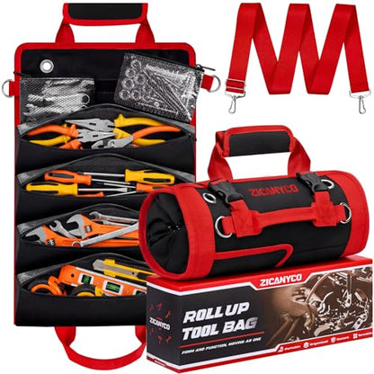 Roll Up Tool Bag, Heavy Duty See-Through Tool Roll Organizer with 2 Detachable Pouches, Portable Mechanic & Motorcycle Tool Bag, Birthday & Father’s Day Gift, Red - color: Red