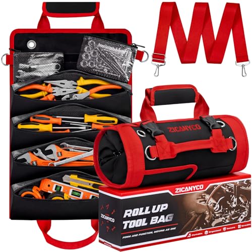 Roll Up Tool Bag, Heavy Duty See-Through Tool Roll Organizer with 2 Detachable Pouches, Portable Mechanic & Motorcycle Tool Bag, Birthday & Father’s Day Gift, Red - color: Red