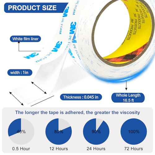 3M Double Sided Tape 2"×16.5ft No Residue,Picture Hanging Strips Heavy Duty Mounting Tape, Removable PE Foam Tape Waterproof for Poster Tape, Carpet Tape Rug Gripper,Art & Craft Tape - size: 2in×16.5ft