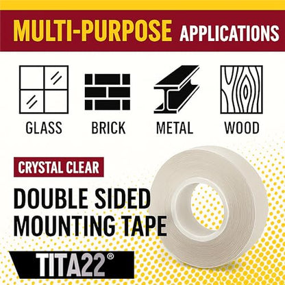 Double Sided Sticky Tape – 0.8 inch Wide, 16.4 ft Long, TITA22™ Clear Mounting Heavy Duty, Strong Adhesive, Removable & Residue-Free, Sticky Tape for Walls, Glass, Metal, Wood & More (16.4 FT)
