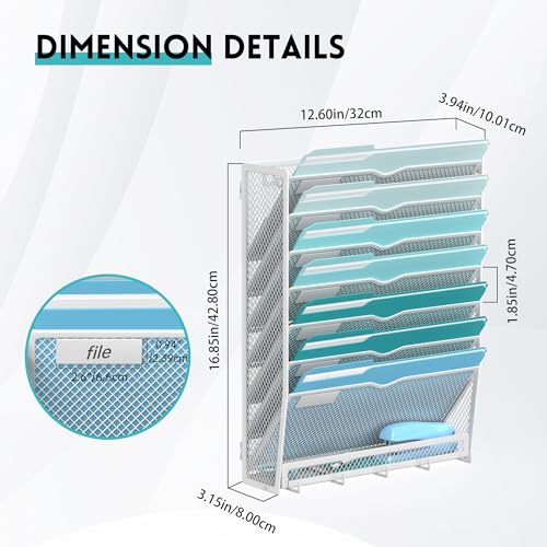 8-Tier Hanging Wall File Organizer with 5 Hooks, Mesh Wall File Holder Vertical Mount Mail Organizer for Papers, Folders, Magazines, Bills, Office and School, White - size: 8 Tier-White