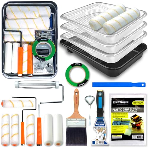 King Origin 20 Piece Paint Roller Kit, Paint Roller Covers 9-inch & 6-inch, Paint Brush, Paint Tray Liners & Accessories | Interior Painting Supplies for Walls & Ceiling | Paint Kit for House - color: 20 Pack, 9" & 6" roller