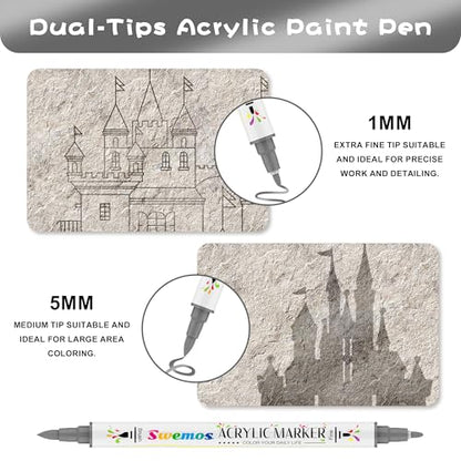 Swemos 2Pcs Silver Acrylic Paint Pens Markers, Dual Tip with Fine Tip and Brush Tip Pens Acrylic Paint Markers Waterproof Acrylic Markers Set for Rock, Canvas Stone, Wood, Glass, Metal (SILVER, 2) - style: SILVER