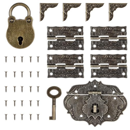 Jewelry Box Hinges Hasp Catch Lock, Antique Engraved Latch and Box Corner Protectors Hardware Kit Brass Hasp Clasp Latch Lock with Screws for DIY Wooden Case Furniture Cabinet Suitcase Decoration