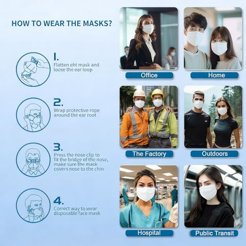 XIKII KN95 Face Masks 50 Pack 5-Ply Breathable & High Elastic Ear Loops, Alike N95 Masks for Adults 95% Filtration Efficient Foldable Mask Adjustable Nose Clip for Outdoor Activities
