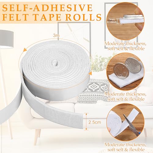 Zonon 4 Rolls 120 Inch Felt Strip with Adhesive Backing Felt Tapes Furniture Strip Rolls Self Stick Heavy Duty Polyester for Protecting Furniture and DIY Adhesive(White,1 Inch) - color: White, size: 1 Inch