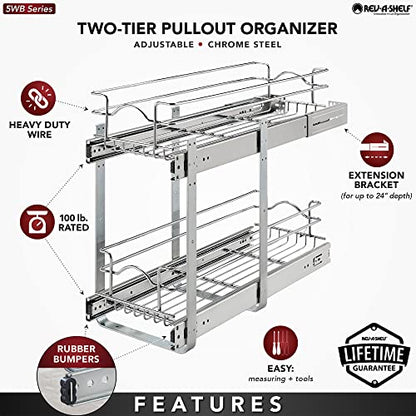 Rev-A-Shelf 2-Tier Kitchen Cabinet Pullout Shelf and Drawer Organizer Slide Out Pantry Storage Basket in Multiple Sizes, 9 x 22 In, 5WB2-0922CR-1 - size: 9" W X 22"d, style: Two Tier