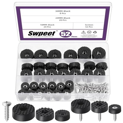 Swpeet 52 Sets 3 Sizes 18mm & 24mm & 30mm Round Black Furniture Pads with Screws, Heavy Duty Rubber Non Slip Non Skid Furniture Feet Rubber Bumpers Pads for Table Desk Chair to Protect Hardwood - size: 18/24/30 Mm Assortment Kit