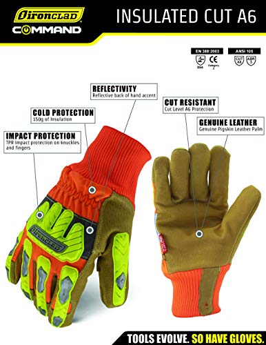 Ironclad Insulated Leather Cut A6; Winter Work Gloves, TPR Impact Protection, Machine Washable, High-Visibilty, (1 Pair), IEX-HVIP5-06-XXL - size: 2x-large (Pack of 1)