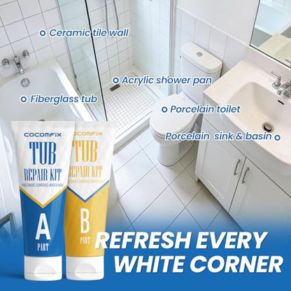 Bathtub & Shower Repair Kit White, Acrylic, Enamel, Fiberglass Tub & Sink Professional Fix for Chips, Cracks, Scratches & Holes in Sinks, Showers, Toilets & Ceramic Tiles