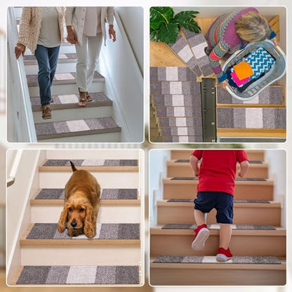 OLANLY Stair Treads Non Slip 15PCS, 8" x 30" Indoor Stair Runners for Wooden Steps, Edging Stair Rugs with Reusable Peel and Stick Adhesive for Kids Elders and Pets, Light Grey - color: Light Grey