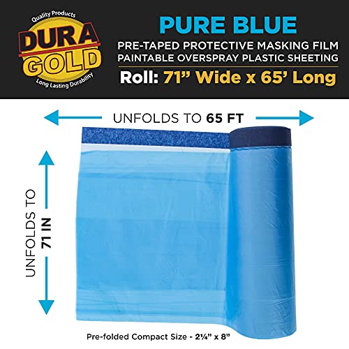 Dura-Gold 71" x 65' Pure Blue Pre-Taped Masking Film - Painters Plastic Roll (0.4 Mil) Pull Down Drop Sheet, Pre-Taped Plastic Sheeting for Painting Protection on Auto, Walls, Furniture - size: 71-inch
