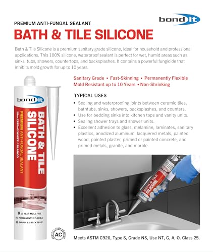 Bond It Bath & Tile Silicone, Premium Long Term Acetoxy Sealant, Waterproof Flexible Sanitary Silicone - Bathrooms, Kitchens, Showers, Tubs, Sinks, Countertops, Backsplashes, 10 oz, White - color: White