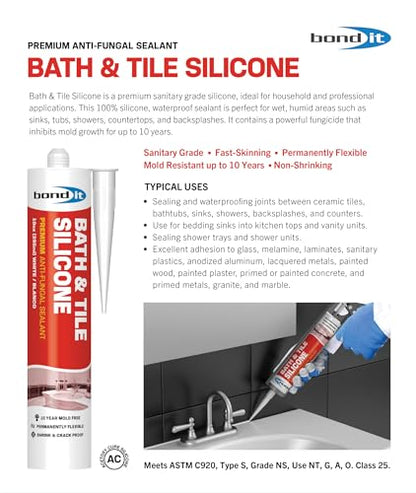 Bond It Bath & Tile Silicone, Premium Long Term Acetoxy Sealant, Waterproof Flexible Sanitary Silicone - Bathrooms, Kitchens, Showers, Tubs, Sinks, Countertops, Backsplashes, 10 oz, Pack of 12, White - color: White