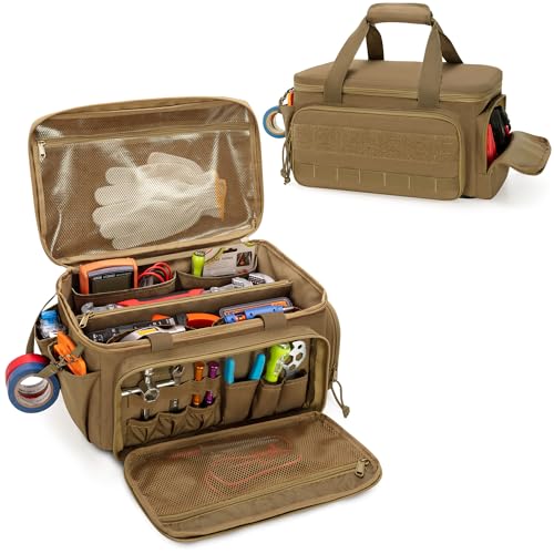 Rexmica 14-Inch Tool Bag with Anti-friction Bottom, Hand Tool Storage Organizer for Men, Tactical Range Bag, Multi-purpose Work Tote for Repairman, Carpenters, Handyman, Khaki