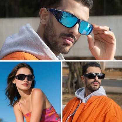 Myiaur Polarized Fit Over Glasses Sunglasses for Men Women, Trendy Wrap Around Sunglasses UV Protection for Driving (2 Pack) - color: A07(2 Pack) Black+transparent Blue/Blue Lens