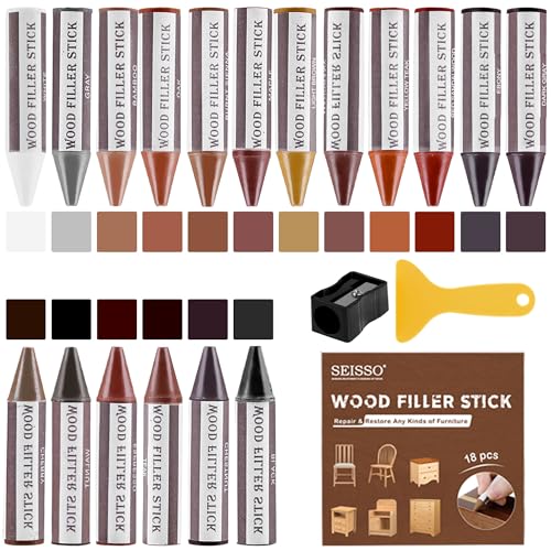 SEISSO Wood Furniture Scratch Repair Filler Sticks, 18 Colors Wax Sticks with Sharpener, Scratch/Dent/Crack/Mark/Stain Cover&Remover, Wood Touch Up Sticks for Floor, Table, Door, Cabinet (18 Color) - color: 18 Color