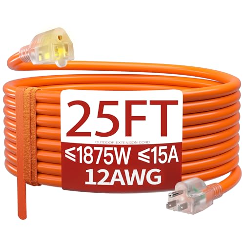 25 FT 12 Gauge Extension Cord Outdoor, Heavy Duty Weatherproof & Flame Retardant Orange 3 Prong Power Cord with Light, Outside for Lawn & Garden, 15 Amps 1875 Watts 125 VAC 12AWG SJTW, ETL Listed - color: Orange, size: 25FT, style: 12AWG