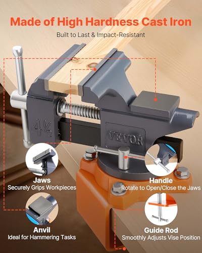 VEVOR Bench Vise, 4.5 Inch, Portable Workbench Vice with 270° Swivel Base, Quick Release Rotating Bench Clamp, Cast Iron Construction, for Woodworking, Metalworking, Drilling, Sawing, Cutting Conduit - size: 4.5inch