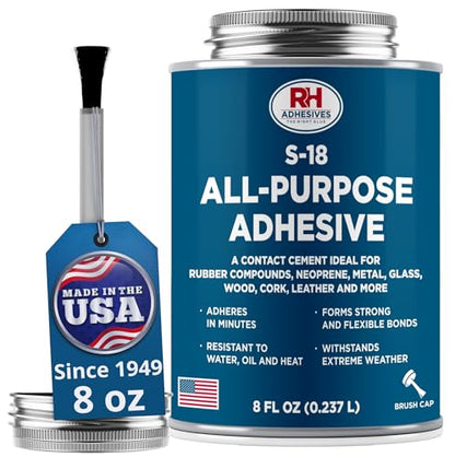 S-18 All-Purpose Adhesive, 8 oz. can - Multi-Purpose, Rubber, Metal, Leather, Felt, Wood, Neoprene, Glass, Flexible, Waterproof, Long Lasting - RH Adhesives - size: 8 oz