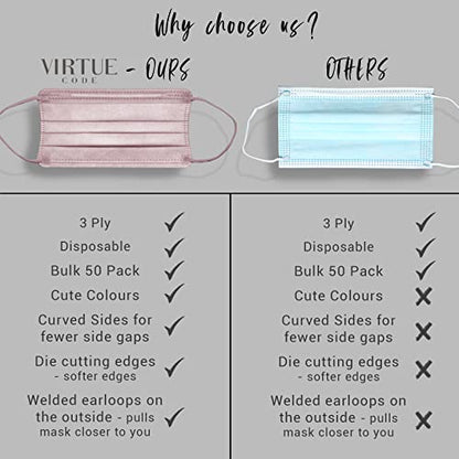 VIRTUE CODE On The Go Curved Face Masks - Soft 3 Ply Comfort 50 Disposable Face Masks - color: Pink