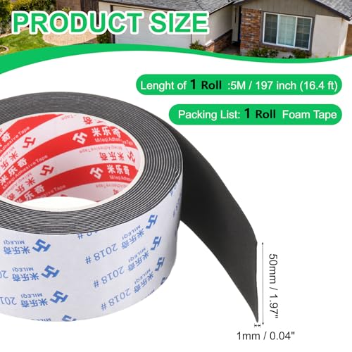 PATIKIL Sponge Rubber Foam Tape, 1 31/32" W x 1/32" t x 16.4ft l Self-Adhesive Foam Insulation Tape Weather Stripping for Window Door Soundproofing Weatherstrip AC Seal Strip, Black - size: 1 31/32" x 1/32" x 16.4ft