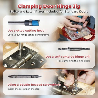 JOJOCY 1229 Hinge Jig Plus, Dual Clamping Door Hinges Mortiser Kit with Strike & Latch Templates, Self-Aligning Hinge Jig for 2.5” to 5.5” Hinges
