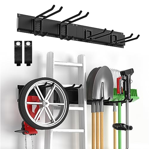 Garage Tool Organizer Wall Mount, Yard Garden Tool Organizer, Adjustable Tool Storage Rack with 4 Heavy Duty Steel Hooks, Max Load 200lbs Garage Organization, Black - size: 32 Inch 1.0
